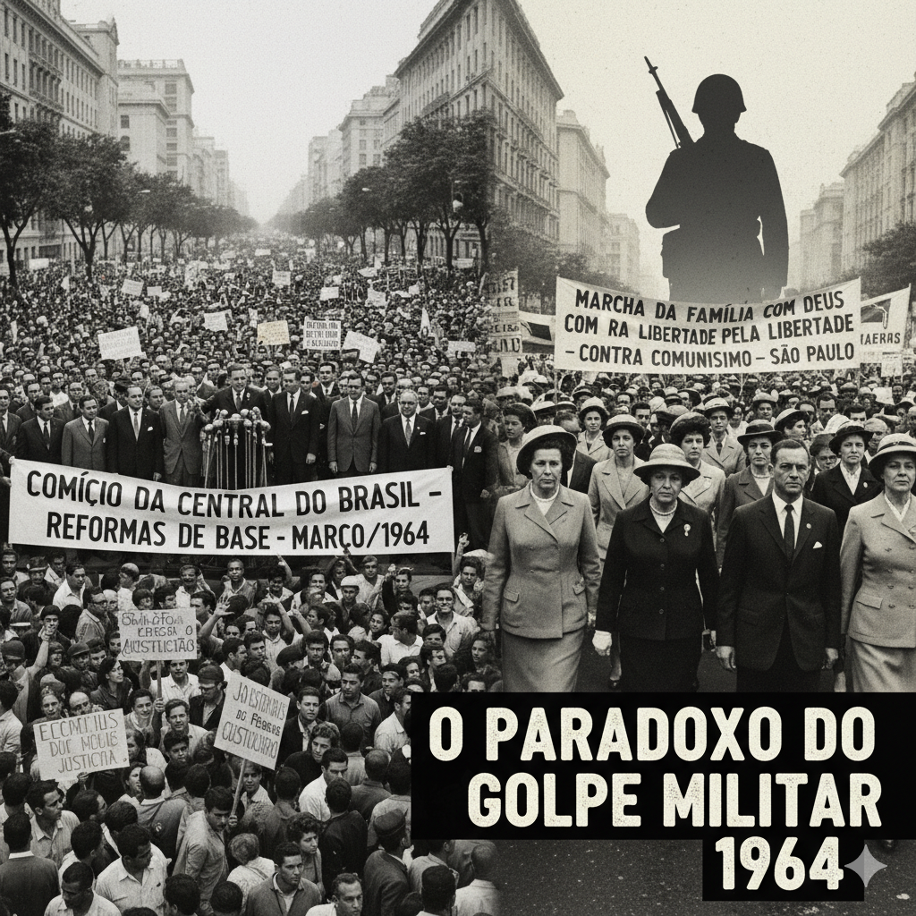 Montagem com imagens que representam o Golpe Militar de 1964