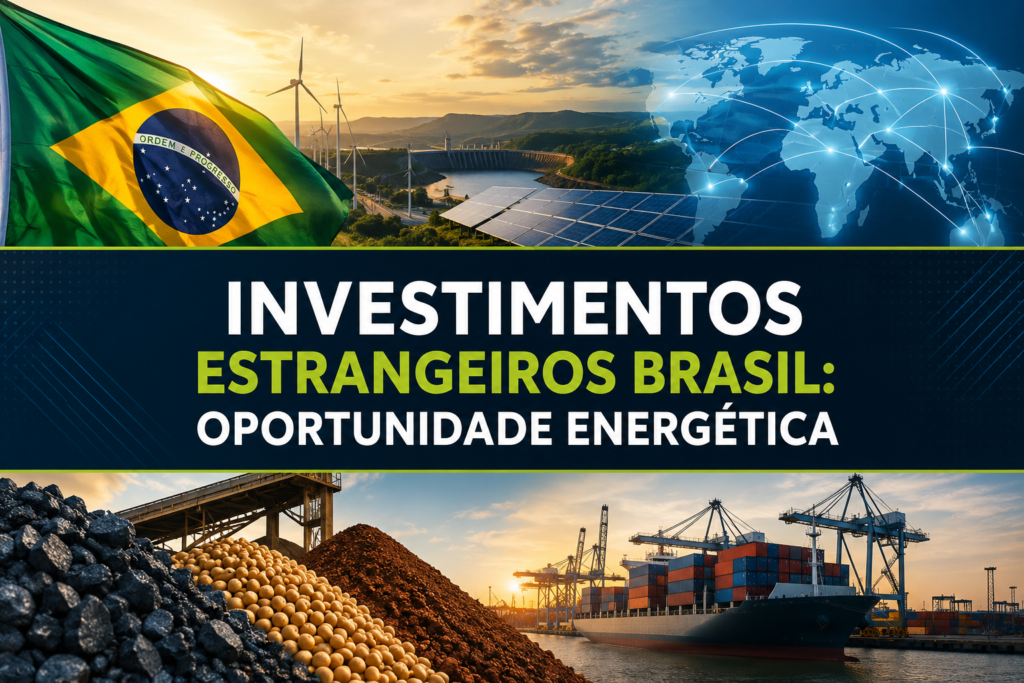 Uma bandeira do Brasil flamulando, um terreno com painéis solares, uma imagem ilustrativa do mapa mundi, minérios e terrar raras, um navio de carga atracando e o texto no centro dizendo investimentos estrangeiros brasil: oportunidade energética