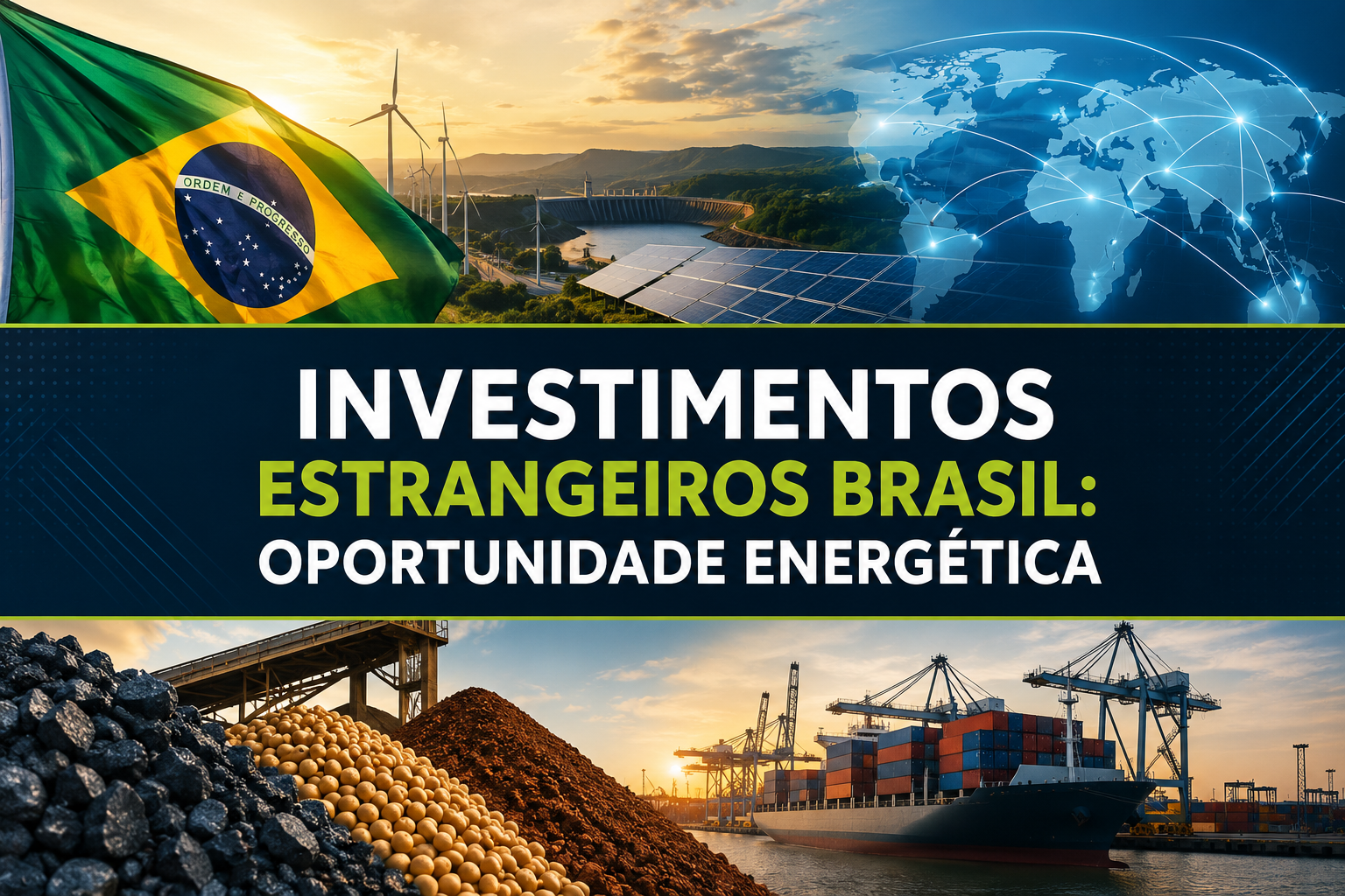 Uma bandeira do Brasil flamulando, um terreno com painéis solares, uma imagem ilustrativa do mapa mundi, minérios e terrar raras, um navio de carga atracando e o texto no centro dizendo investimentos estrangeiros brasil: oportunidade energética