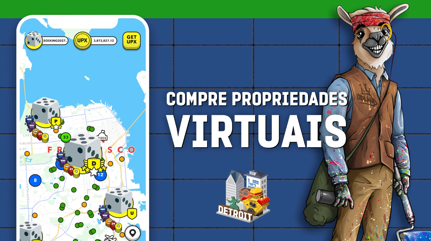 um smartphone exibindo a tela de mapa do app upland com o mascote à direita e a frase: "compre propriedades virtuais"