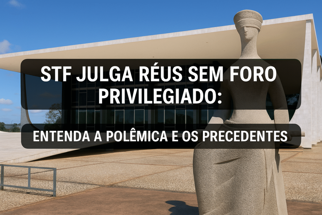 Imagem da Fachada do Supremo Tribunal Federal com uma frase que diz: STF julga réus sem foro privilegiado