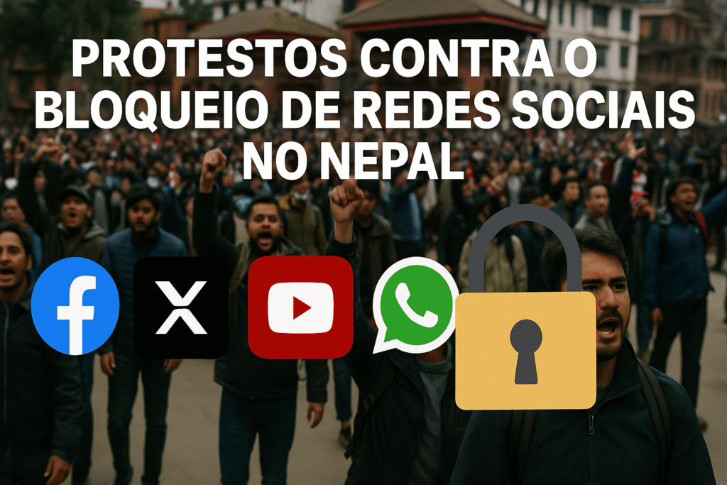 Imagem de protestantes com a frase "protestos no Nepal contra a censura das redes sociais" e as logos do X, Youtube, Whatsapp e um cadeado