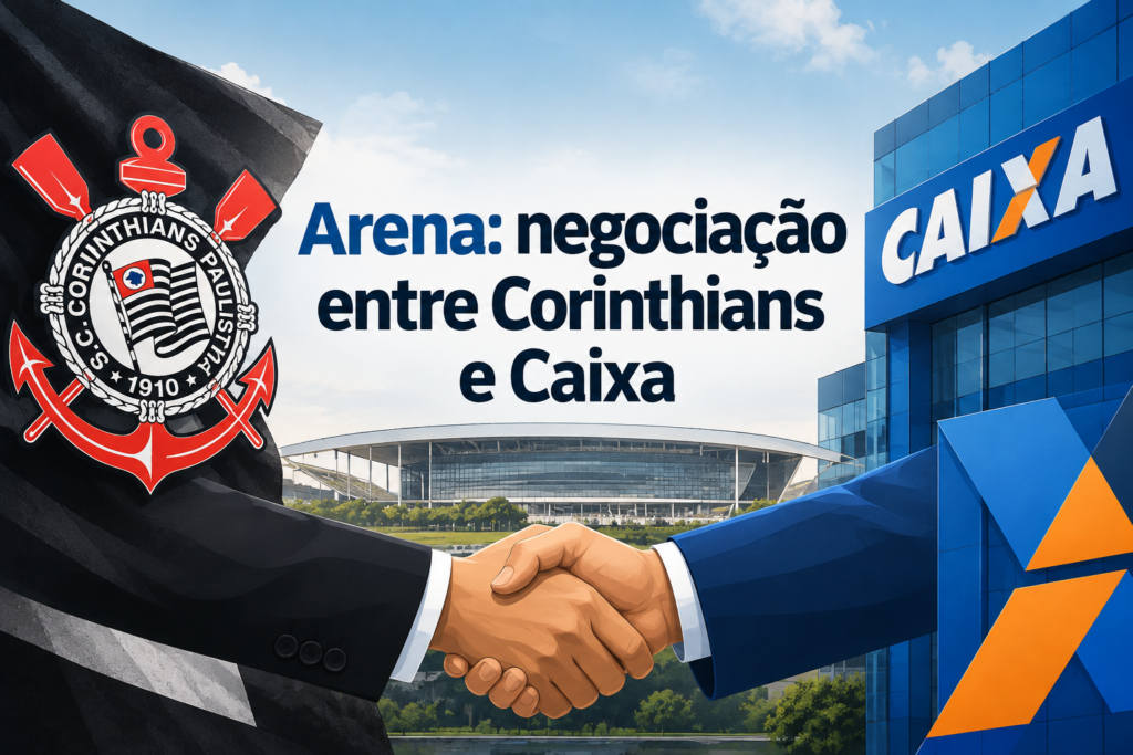Imagem de destaque da notícia sobre Formalização das negociações entre Corinthians e Caixa sobre a dívida da Arena, com distinção entre o avanço das conversas e a quitação do débito..