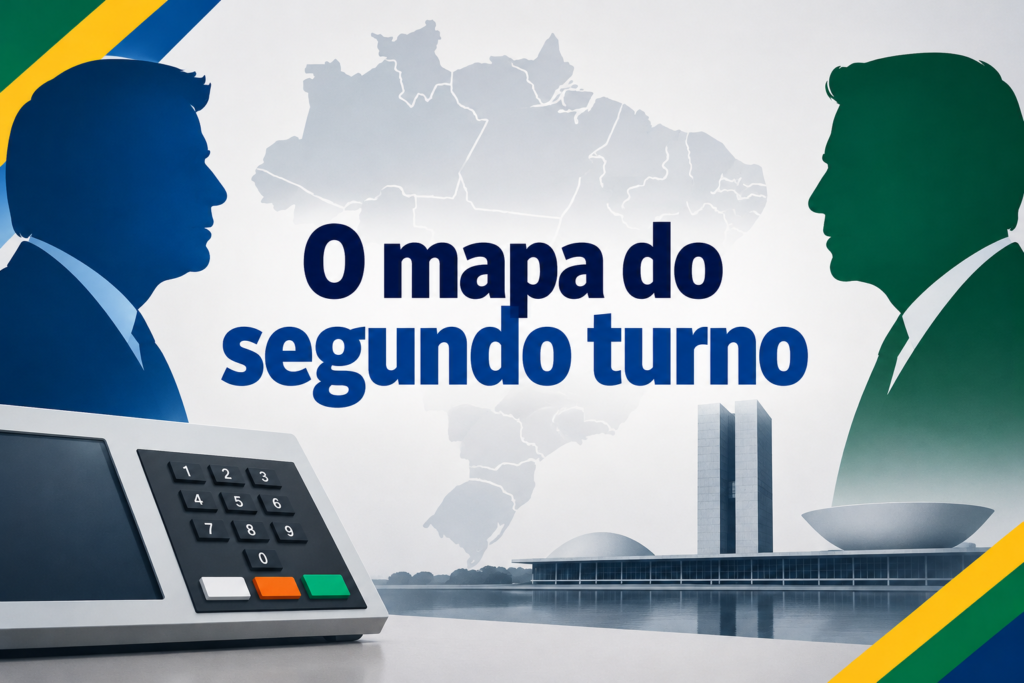Ilustração editorial sobre mapa das eleições 2026.