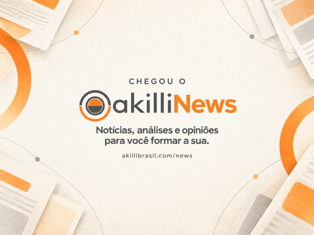 Lançamento do portal Akilli News, com marca cinza e laranja e a frase Notícias, análises e opiniões para você formar a sua.