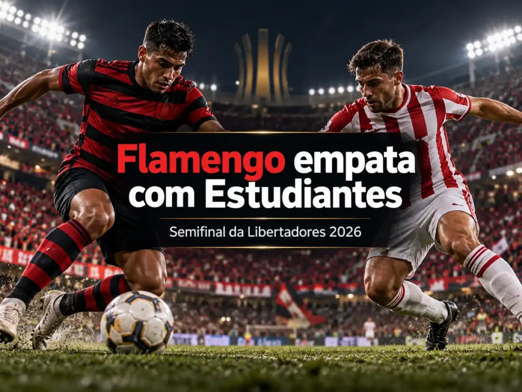 Arte ilustrativa com jogadores de camisas vermelhas, pretas e brancas sobre o empate entre Flamengo e Estudiantes pela semifinal da Libertadores 2026