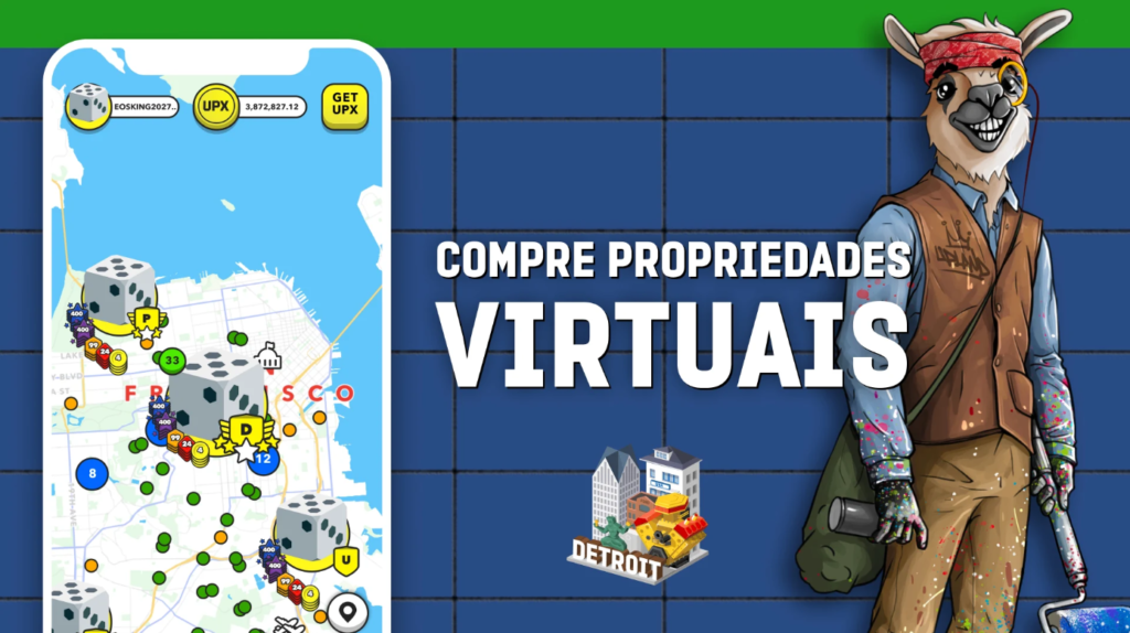 um smartphone exibindo a tela de mapa do app upland com o mascote à direita e a frase: "compre propriedades virtuais"