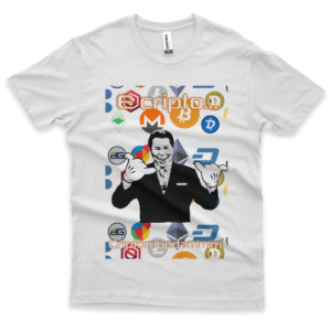 camiseta com estampa de criptomoedas apresentadas por Silvio Santos