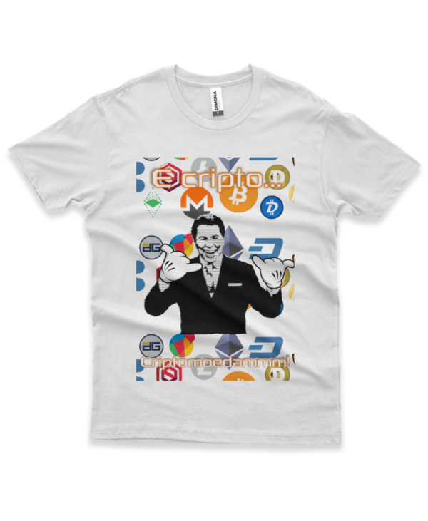 camiseta com estampa de criptomoedas apresentadas por Silvio Santos