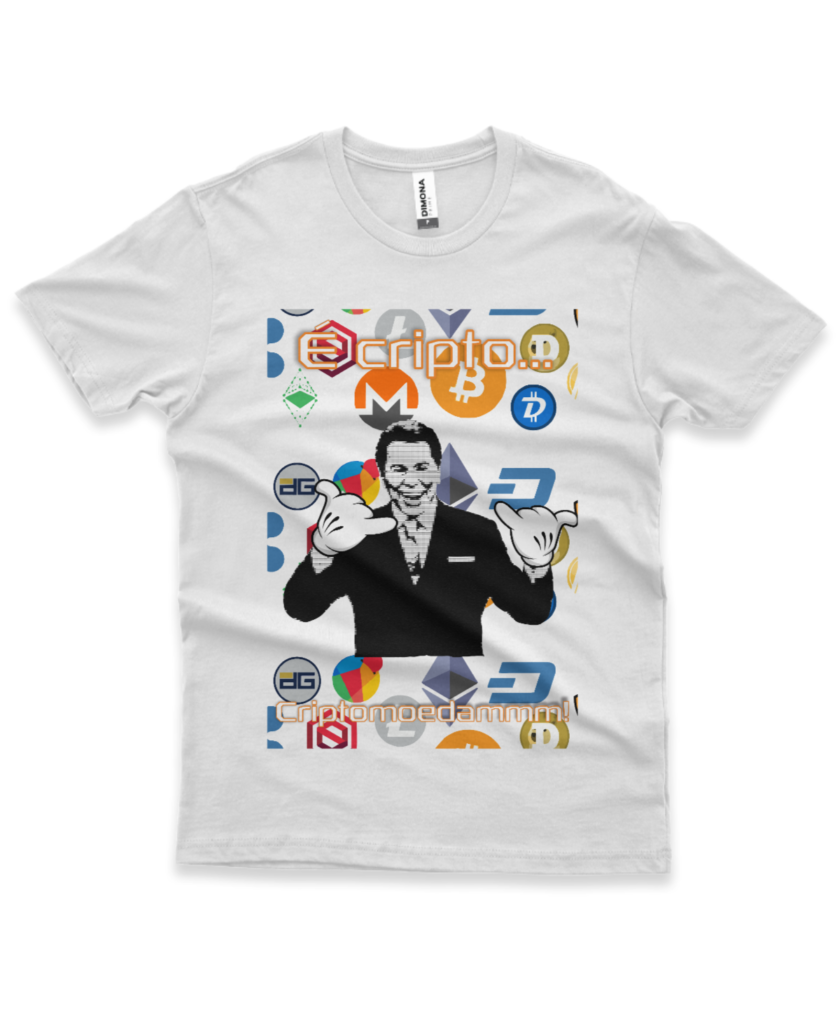 camiseta com estampa de criptomoedas apresentadas por Silvio Santos