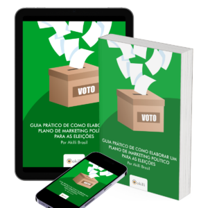 Imagem composta por um tablet, um smartphone e um livro representando o e-book Guia Prático de Como Elaborar um Plano de Marketing Político.