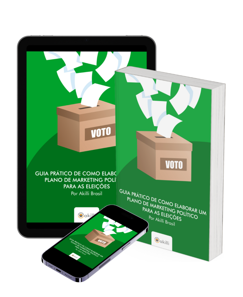 Imagem composta por um tablet, um smartphone e um livro representando o e-book Guia Prático de Como Elaborar um Plano de Marketing Político.