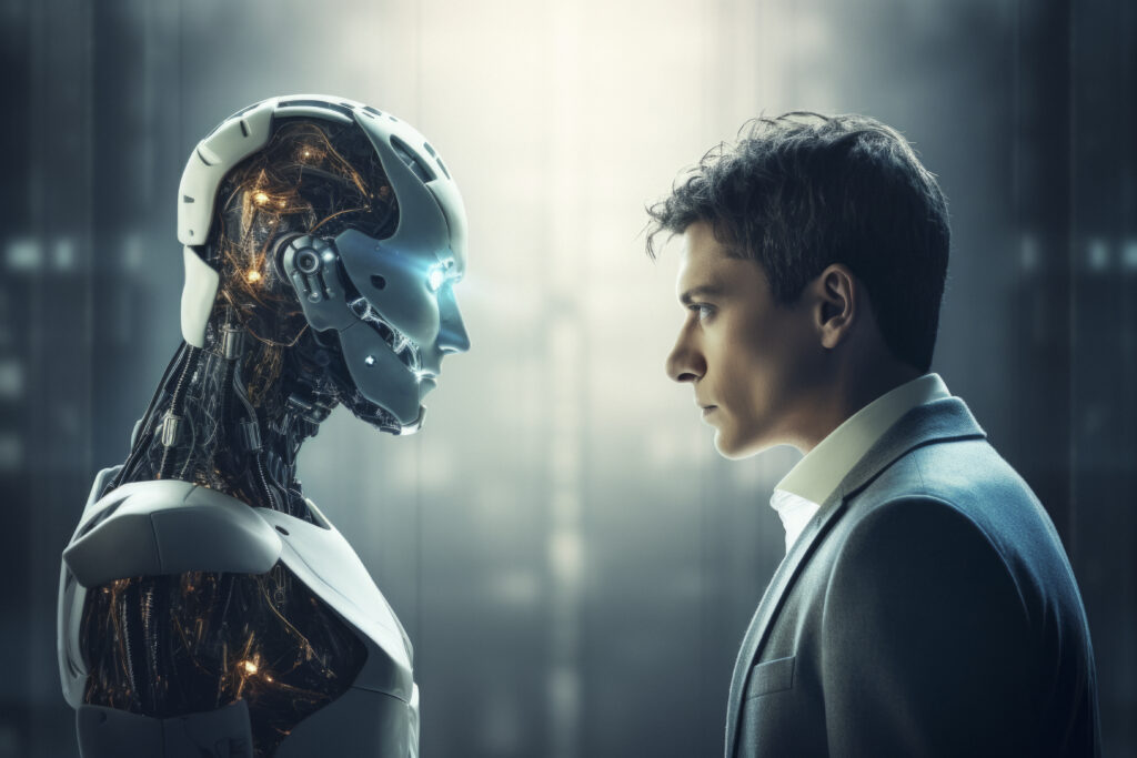 Um homem encara atentamente um androide, simbolizando o diálogo crítico entre a humanidade e a Inteligência Artificial.