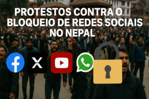 Imagem de protestantes com a frase "protestos no Nepal contra a censura das redes sociais" e as logos do X, Youtube, Whatsapp e um cadeado